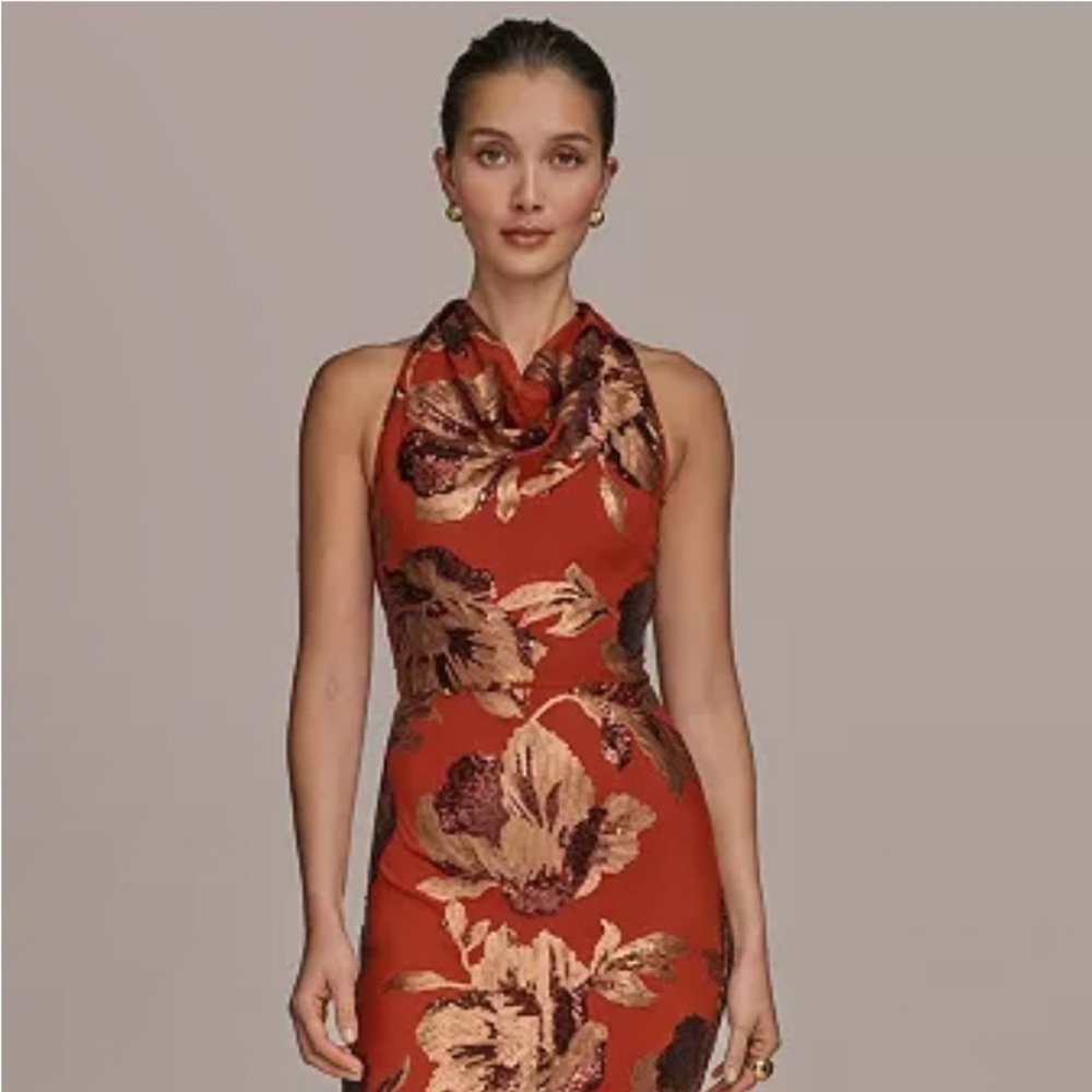 Donna Karan Women's Floral Sequined Sleeveless Cowlneck Gown